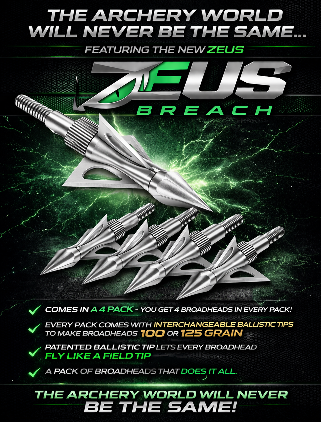 Zeus Breach Broadheads – 4 Pack (100gr & 125gr Tips)