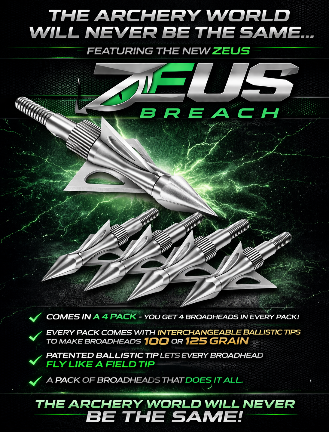 Zeus Breach Broadheads – 4 Pack (100gr & 125gr Tips)