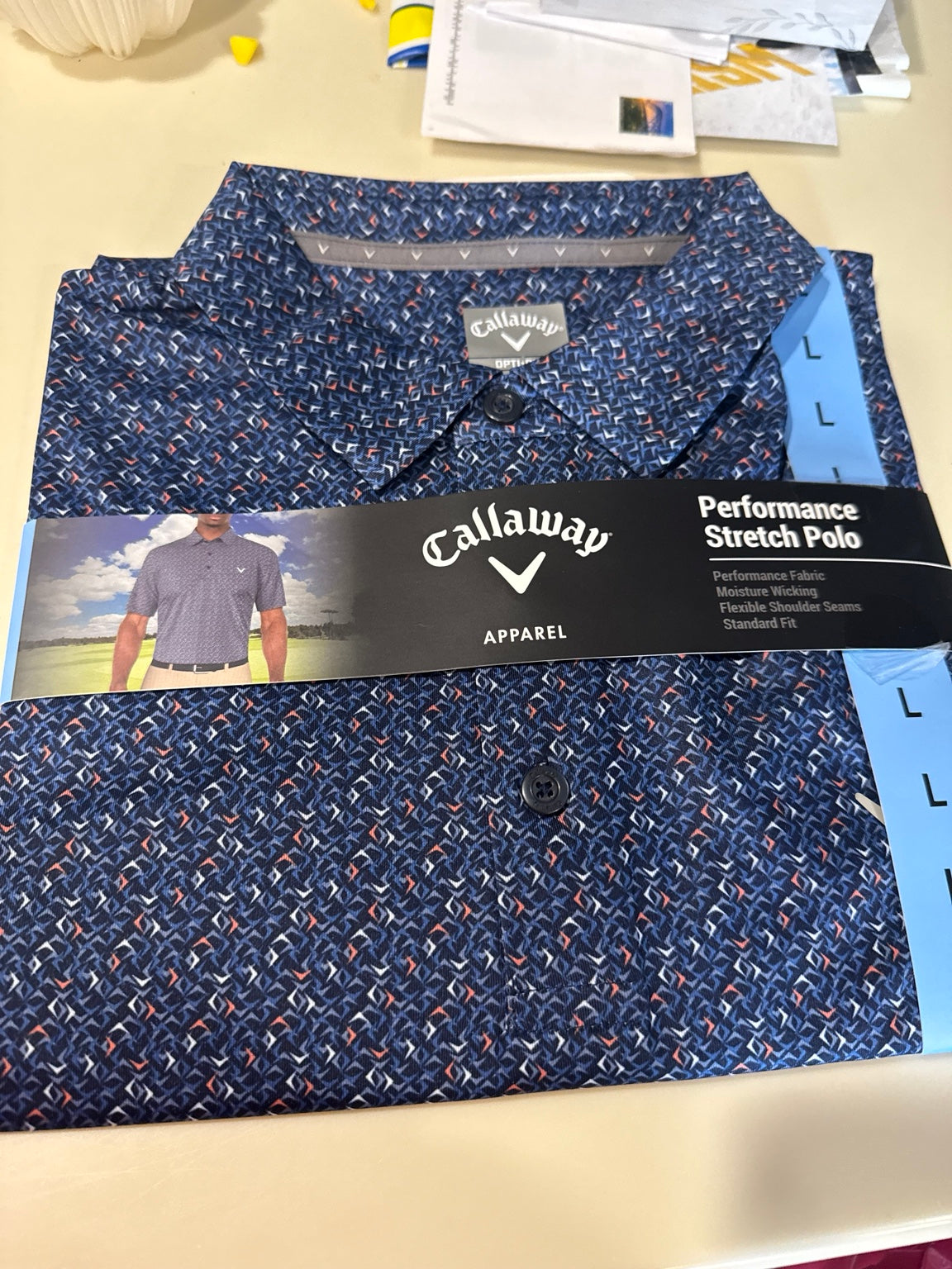 Callaway Performance Stretch Polo navy patterned front packaging