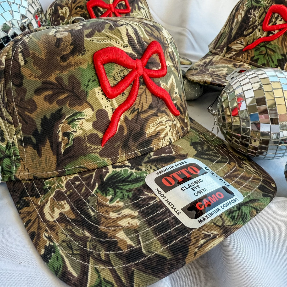 Camo Trucker Hat with Red Bow – 3D Embroidered
